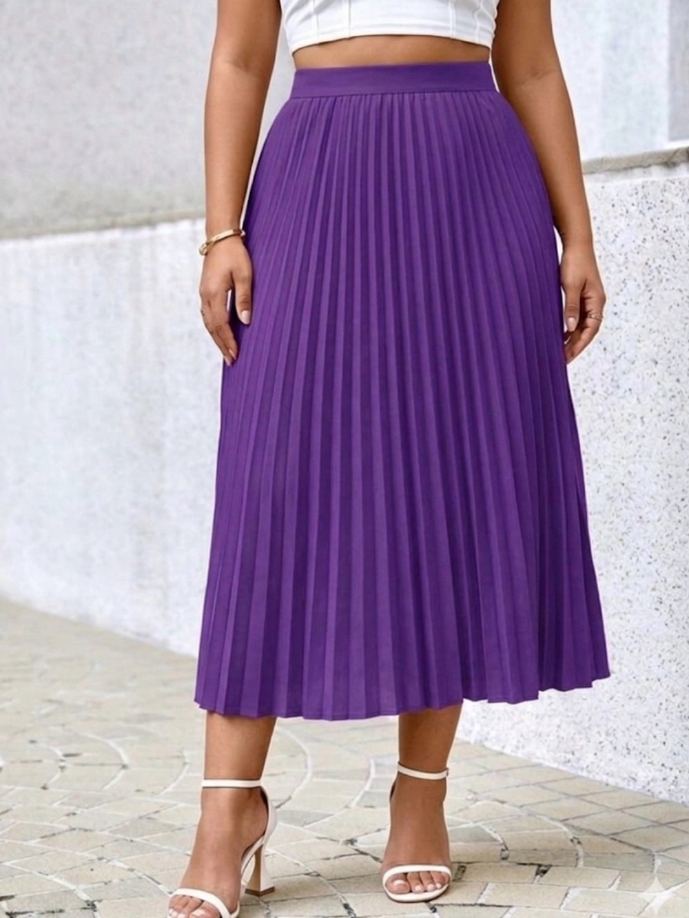 Purple Pleated Satin A-Line Midi Skirt Elastic Waist Plus Size 2XL Glam